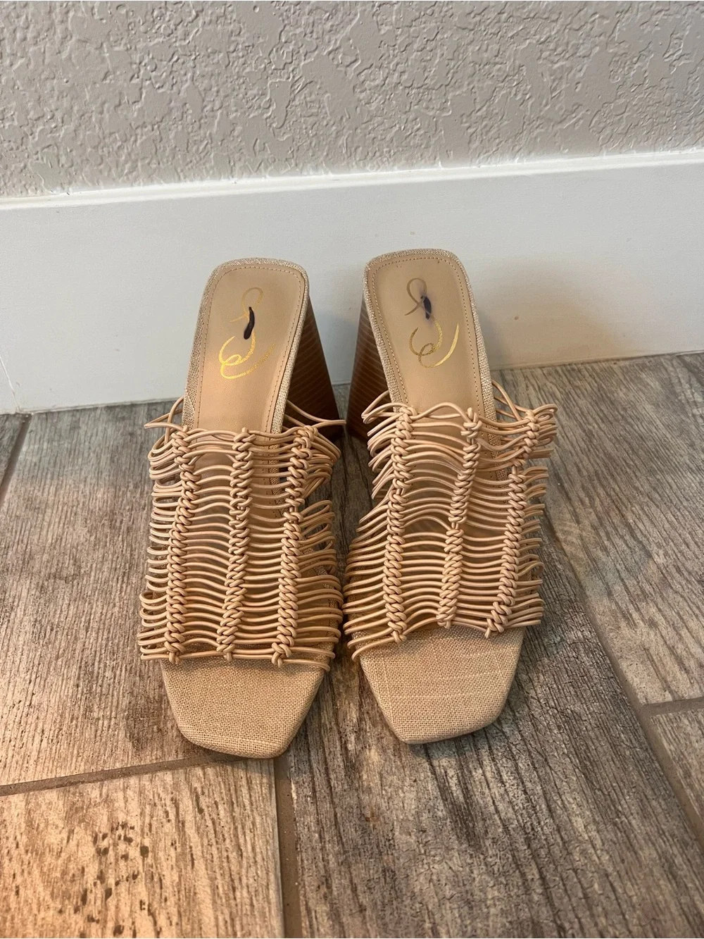 Sam Edelman Nude Woven Strappy Block Heel Mules